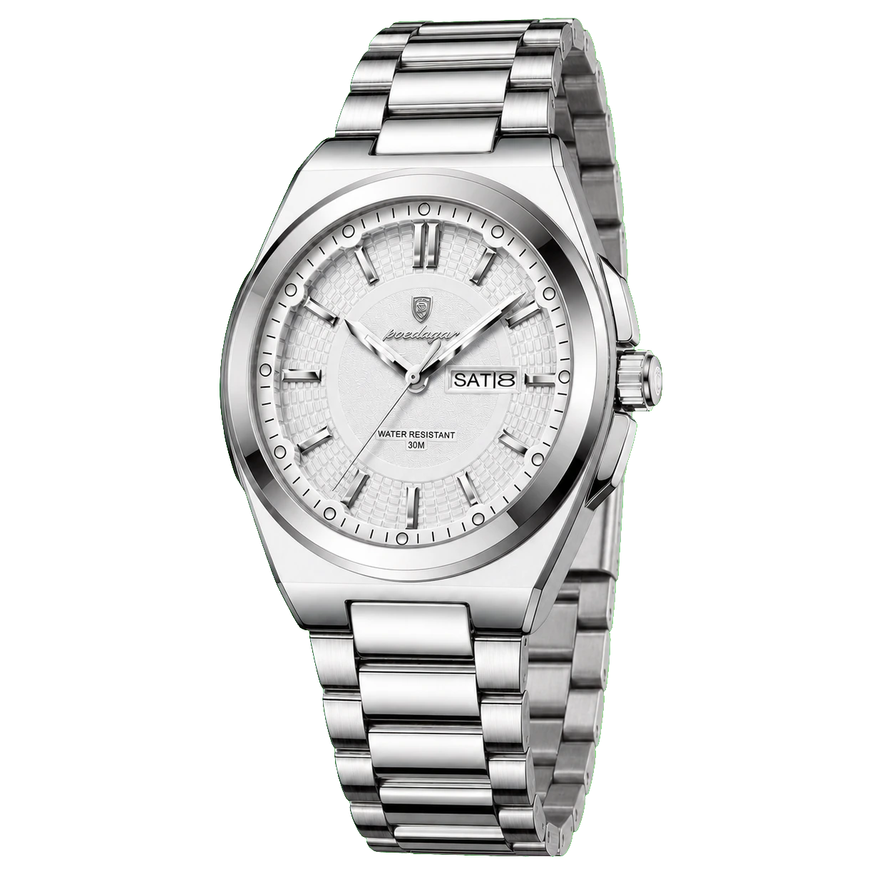 Montre POEDAGAR 896 Argent Blanc vue trois-quarts côté couronne