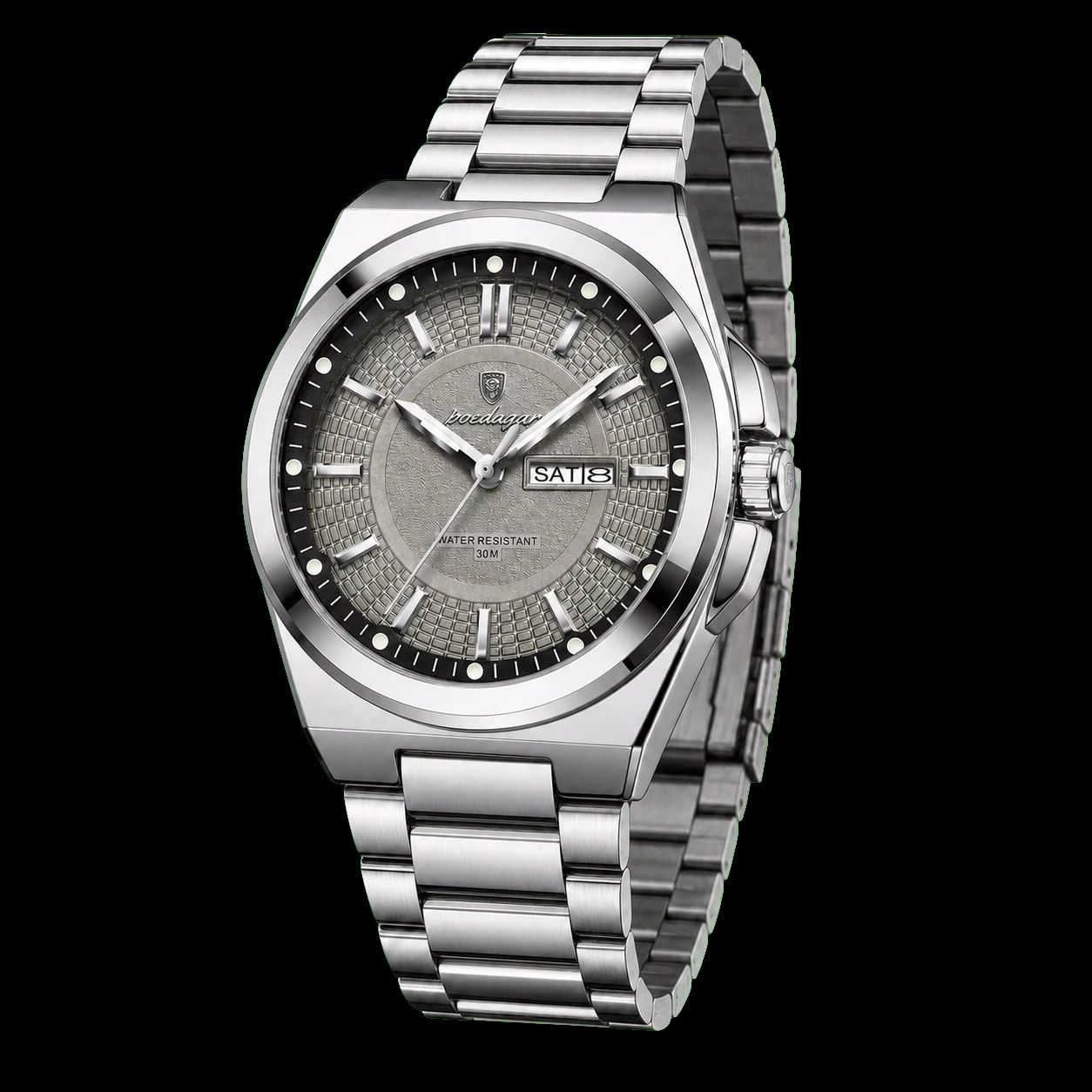 Montre POEDAGAR 896 Argent Gris vue trois-quarts côté couronne