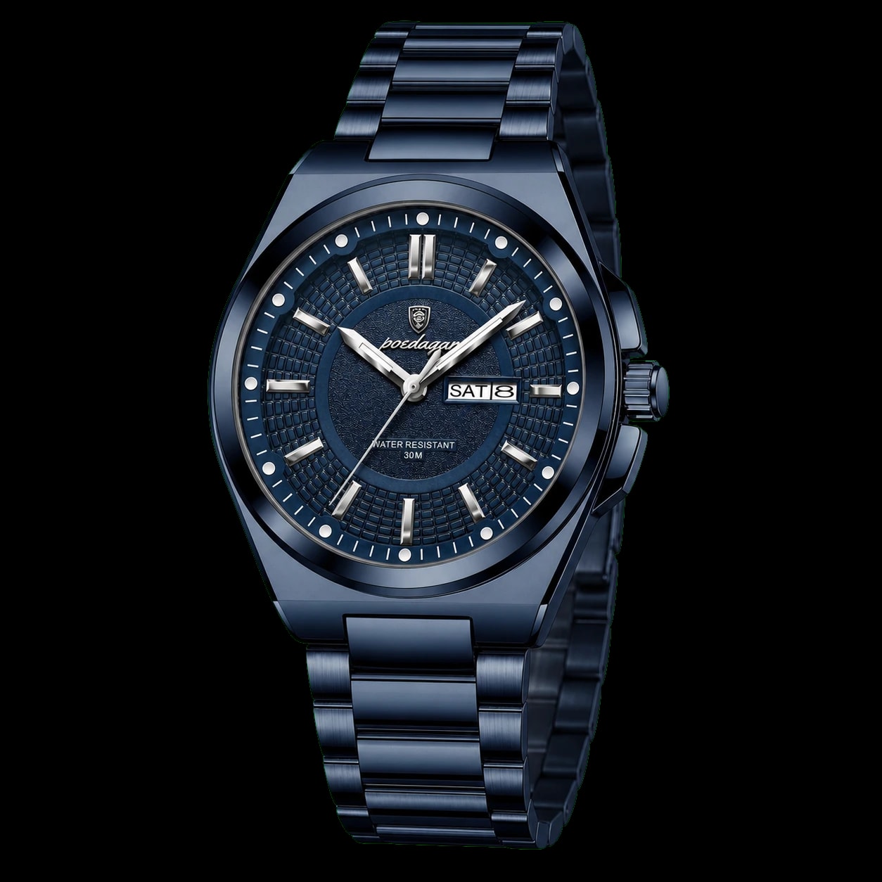 Montre POEDAGAR 896 Bleu vue trois-quarts côté couronne