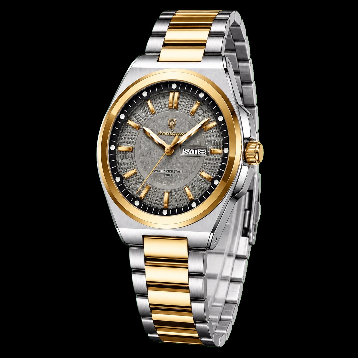 Montre POEDAGAR 896 Or Gris vue trois-quarts côté couronne