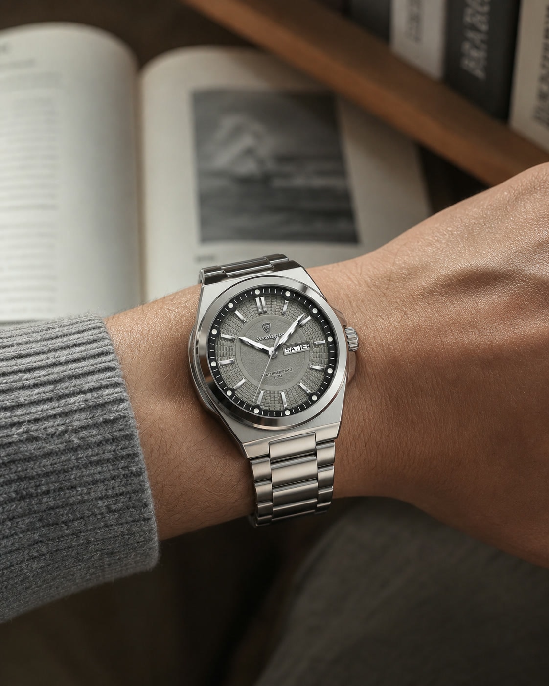 Montre POEDAGAR 896 Argent Gris portée dans une scène lifestyle naturelle