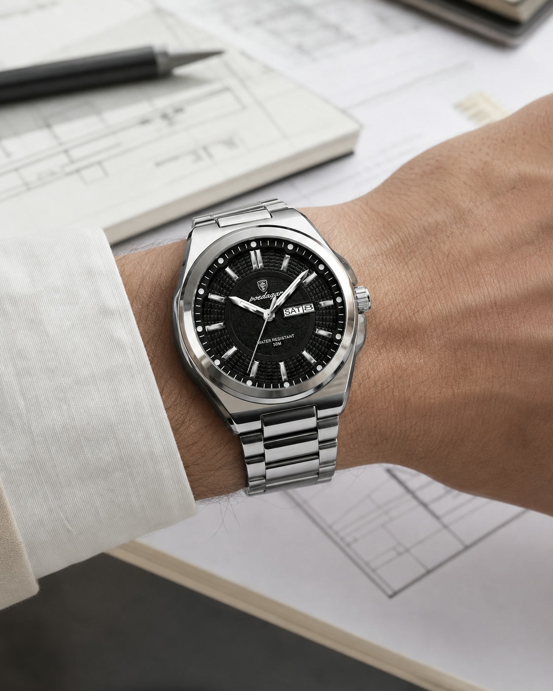 Montre POEDAGAR 896 Argent Noir portée dans une scène lifestyle naturelle